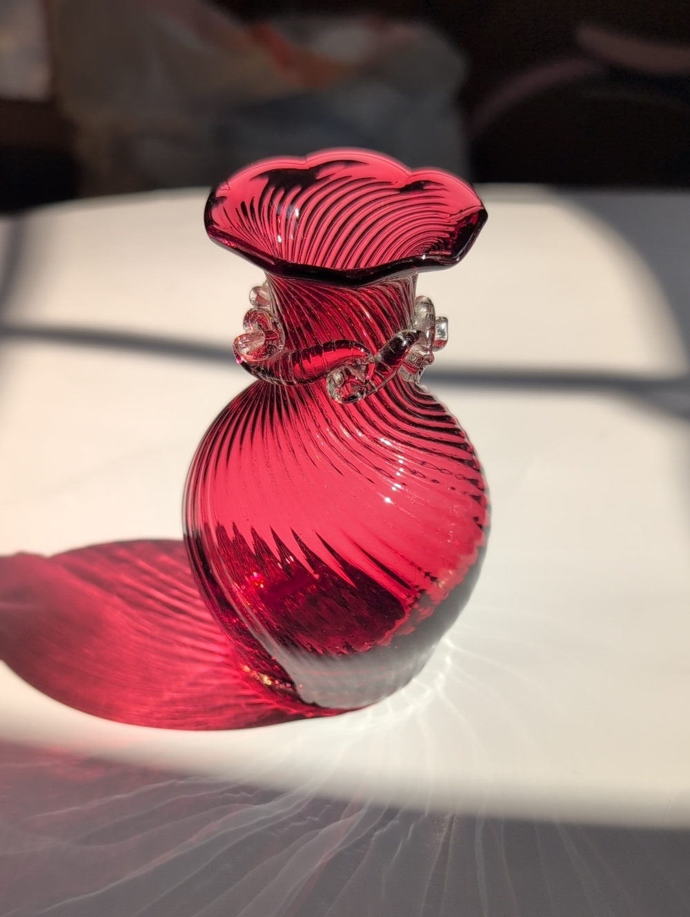Pilgrim Cranberry Glass Swirl Bud Vase